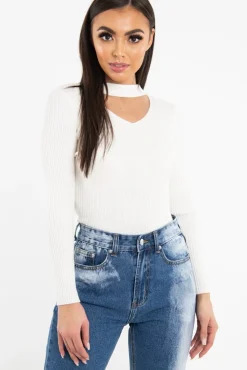 Rebellious Fashion White Rib Knit Choker Cut Out Jumper - Jamisen