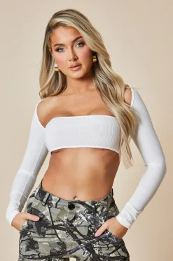 Rebellious Fashion White Rib Knit Cut Out Cropped Top - Izumi