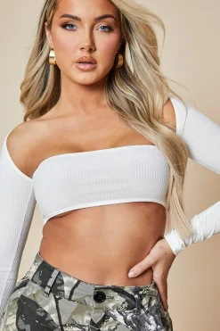 Rebellious Fashion White Rib Knit Cut Out Cropped Top - Izumi