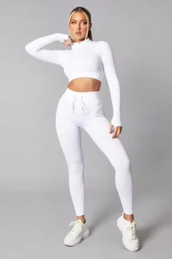 Rebellious Fashion White Rib Knit Zip Front Crop Top & Leggings Set - Nico