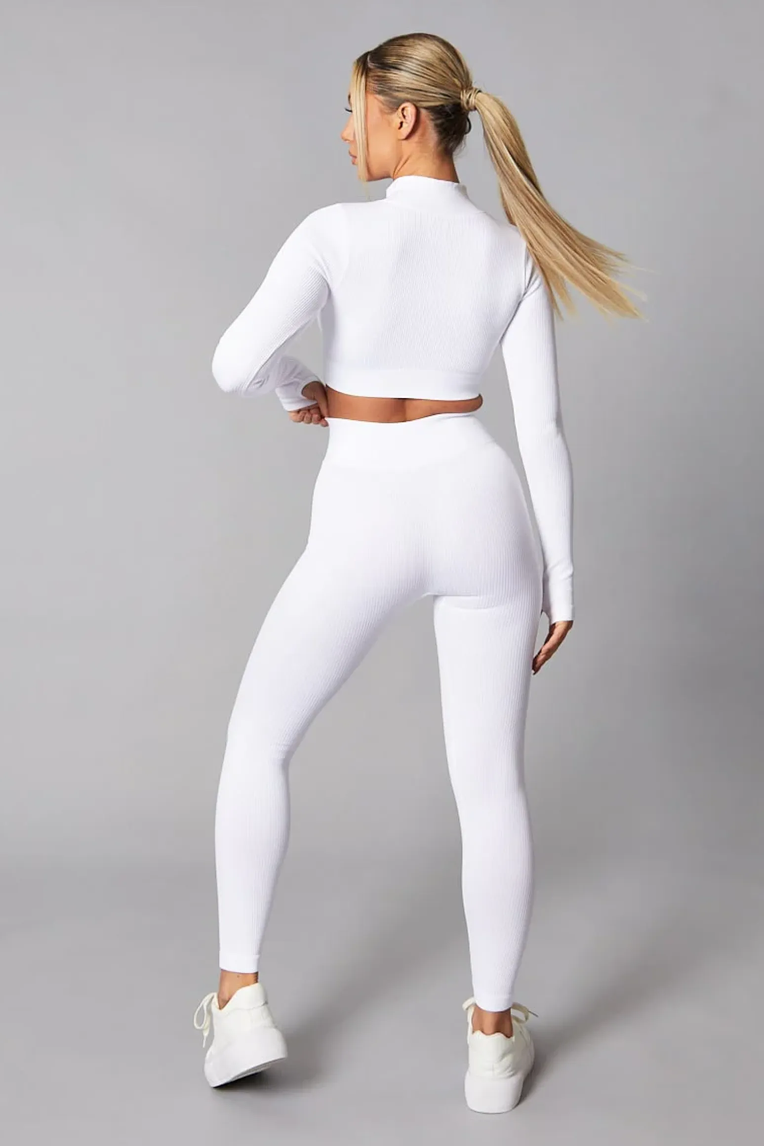 Rebellious Fashion White Rib Knit Zip Front Crop Top & Leggings Set - Nico