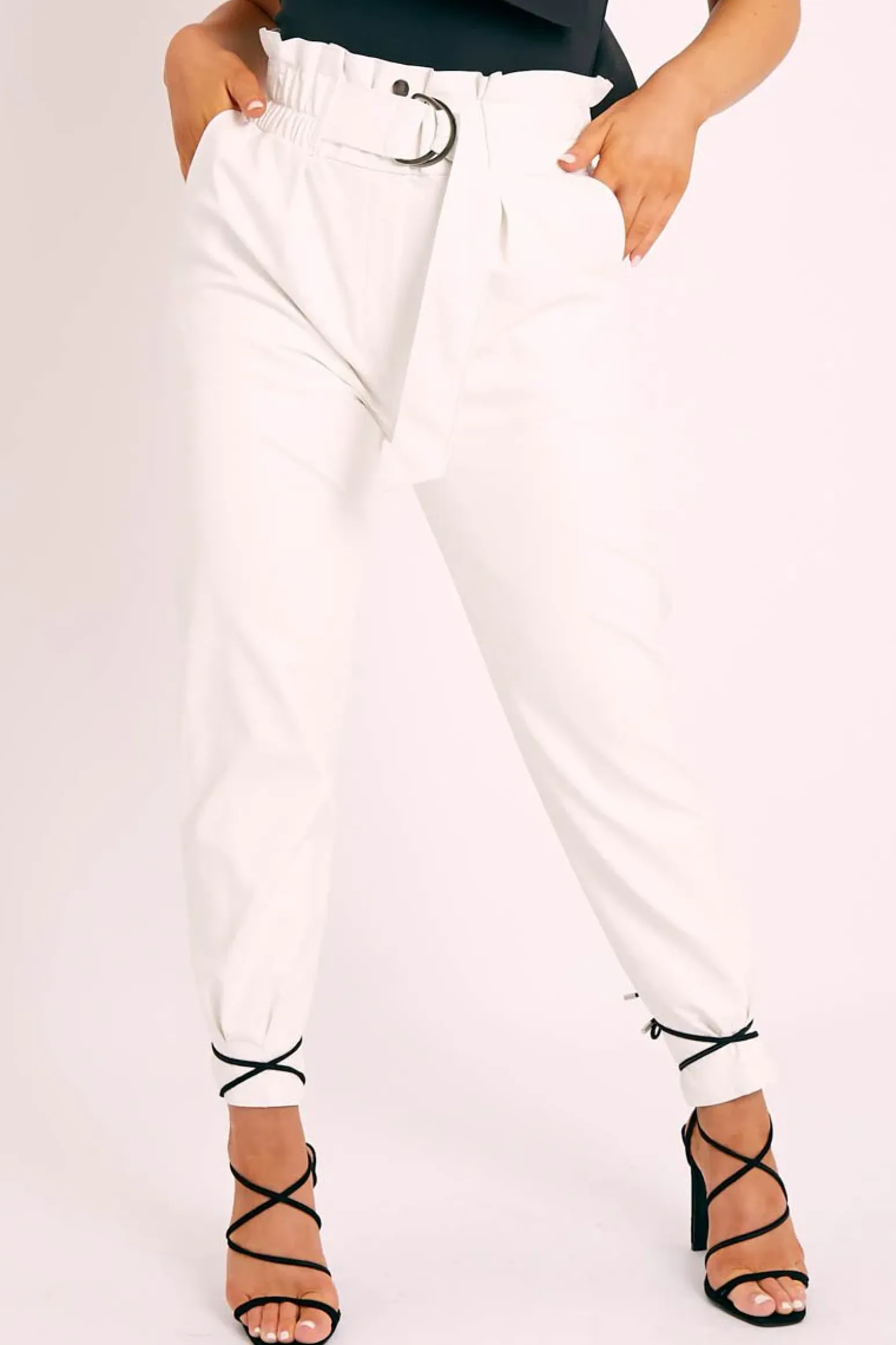 Rebellious Fashion White Ring Belt Straight Leg PU Trousers - Jazmine
