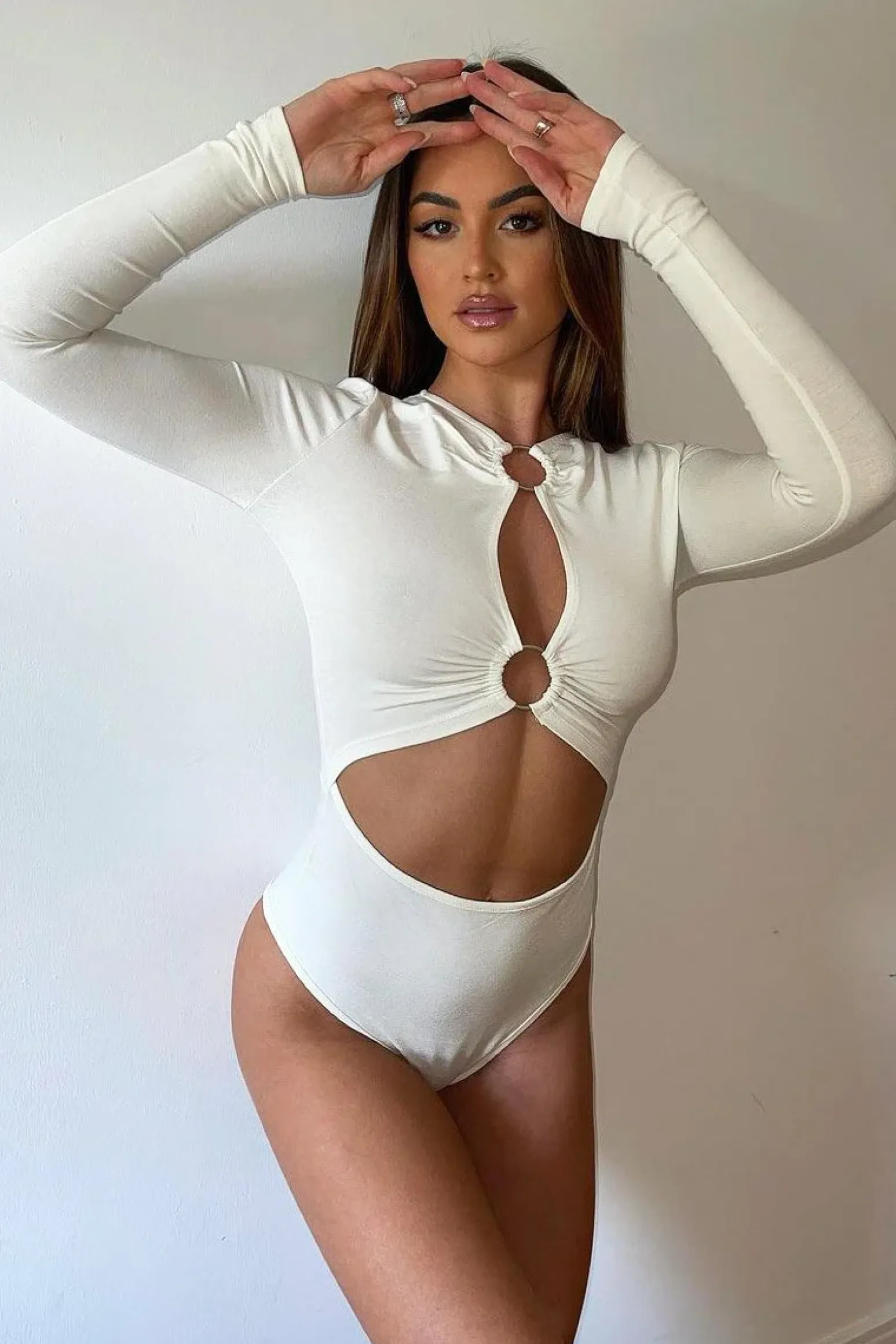 Rebellious Fashion White Ring Detail Cut Out Long Sleeve Bodysuit - Elissa