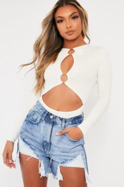 Rebellious Fashion White Ring Detail Cut Out Long Sleeve Bodysuit - Elissa