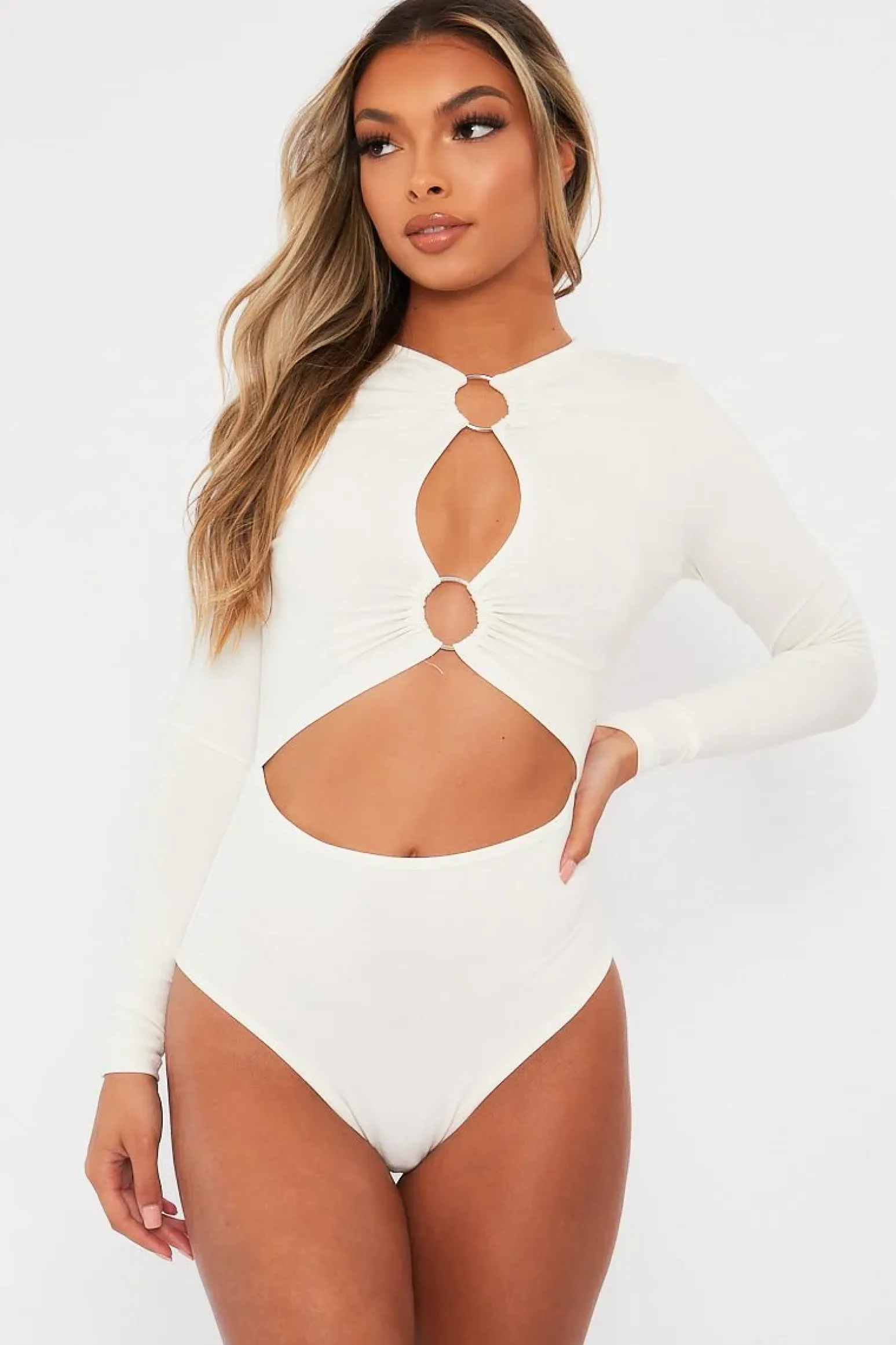 Rebellious Fashion White Ring Detail Cut Out Long Sleeve Bodysuit - Elissa
