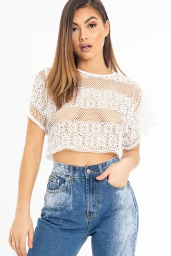 Rebellious Fashion White Round Neck Crochet Crop Top - Lucindy