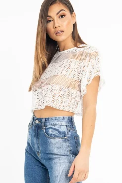 Rebellious Fashion White Round Neck Crochet Crop Top - Lucindy