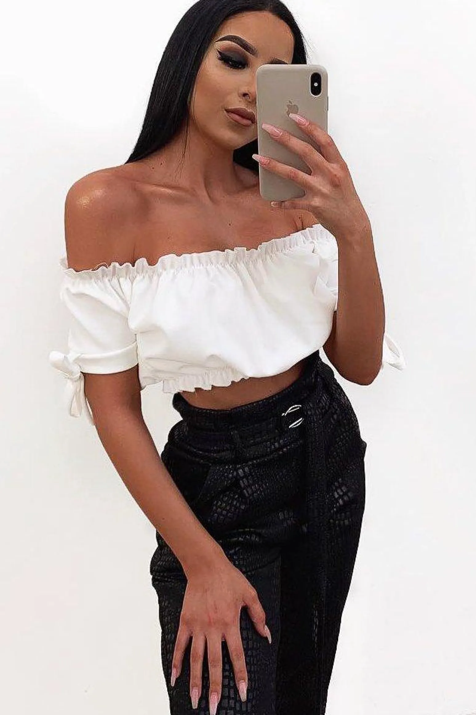 Rebellious Fashion White Ruched Bardot Gypsy Crop Top - Janette