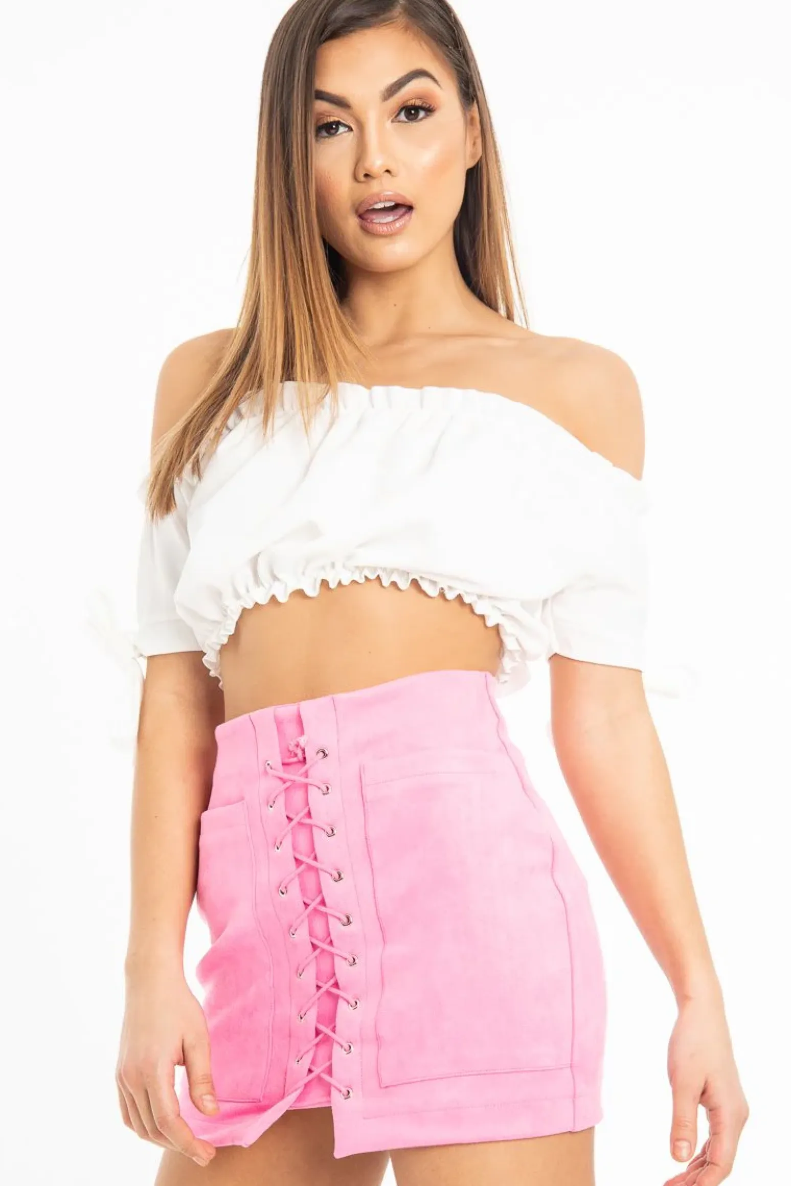 Rebellious Fashion White Ruched Bardot Gypsy Crop Top - Janette