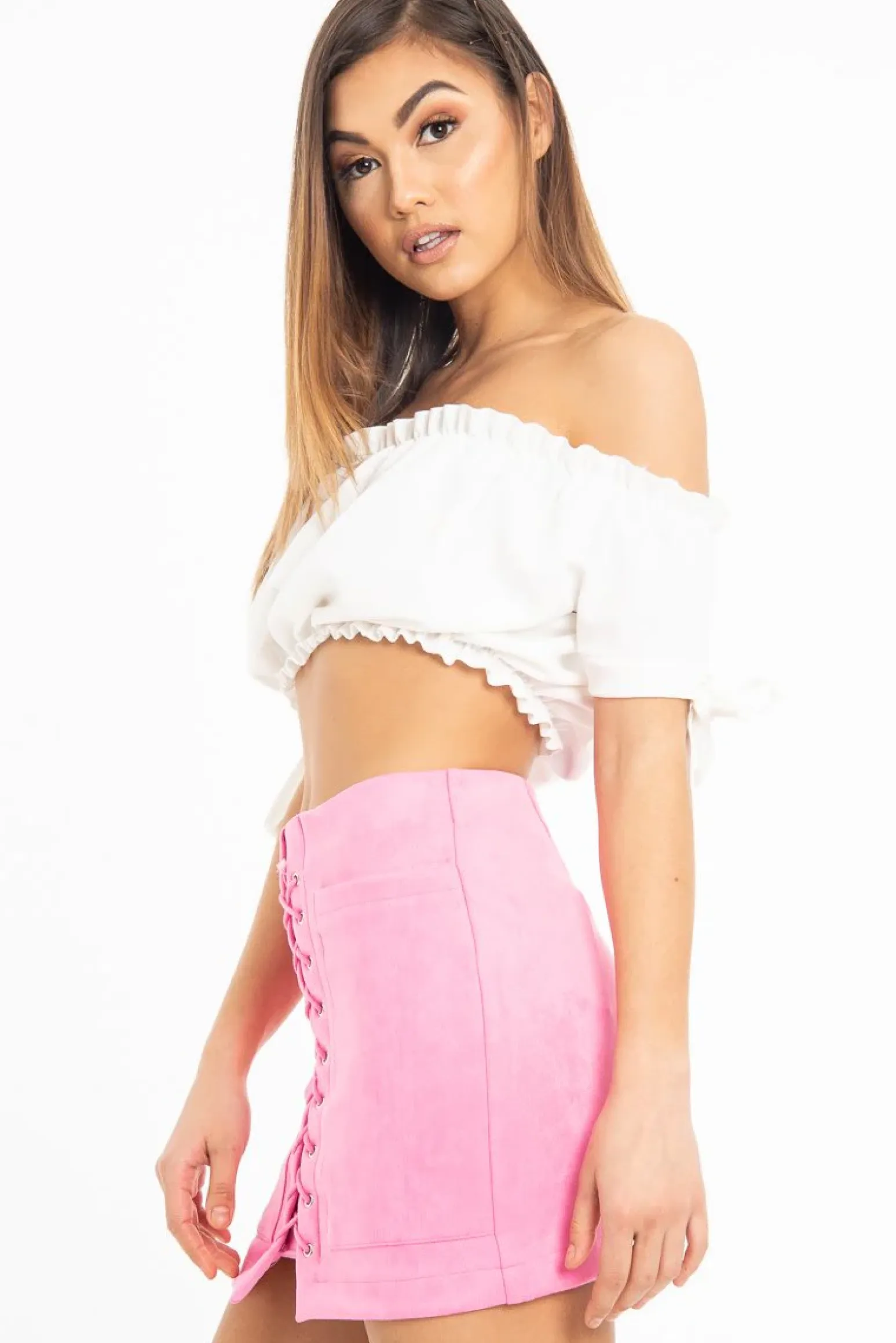 Rebellious Fashion White Ruched Bardot Gypsy Crop Top - Janette