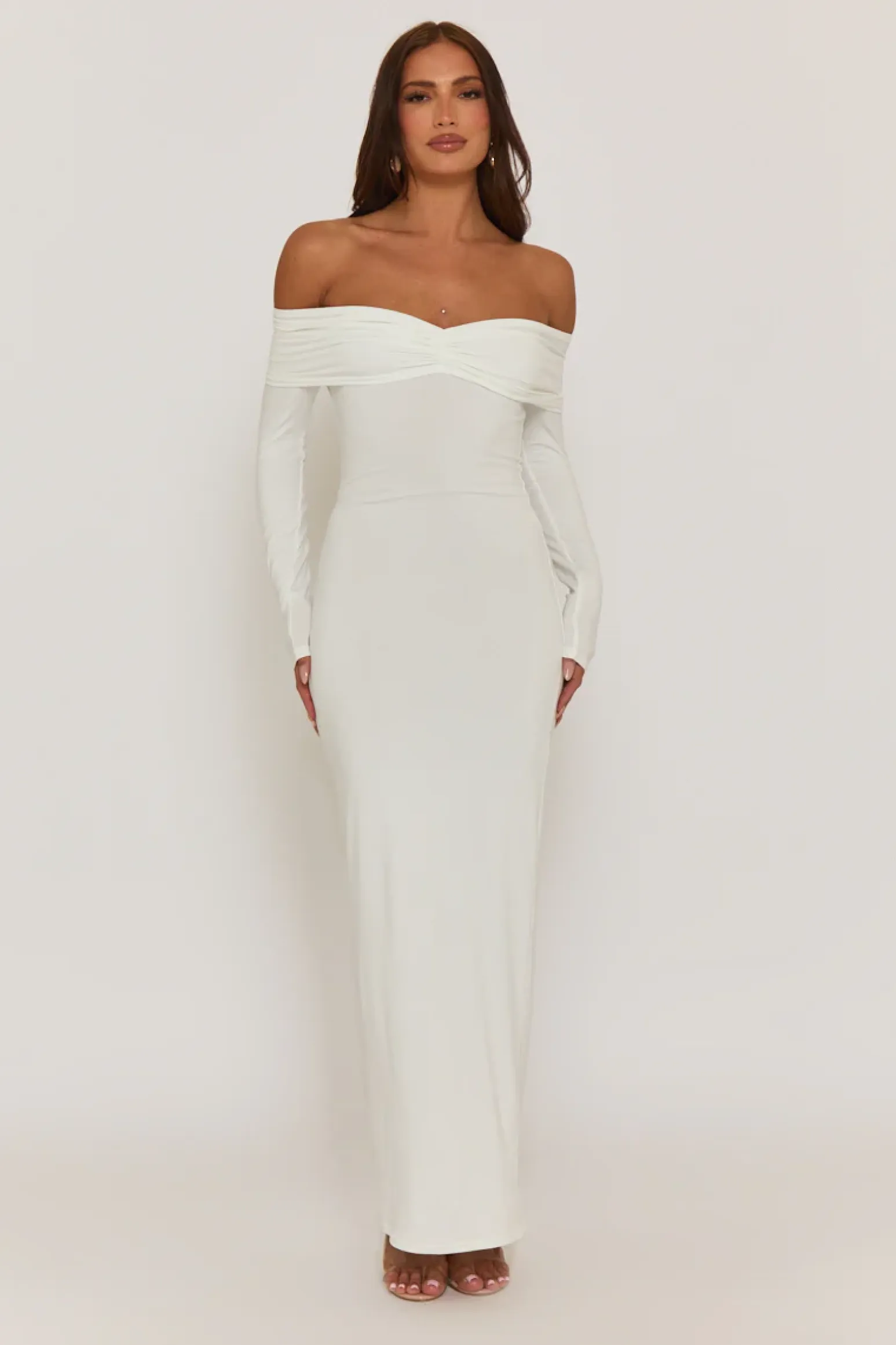 Rebellious Fashion White Ruched Bardot Jersey Maxi Dress - Celestina
