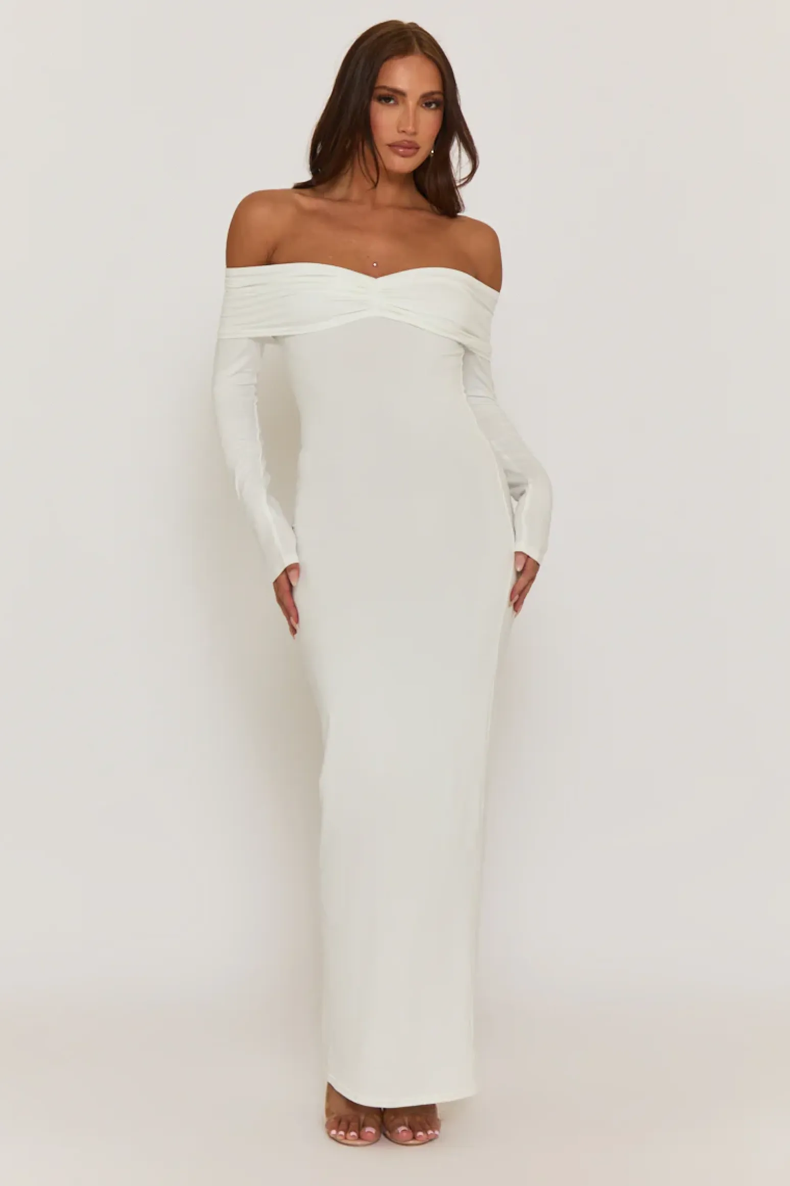 Rebellious Fashion White Ruched Bardot Jersey Maxi Dress - Celestina