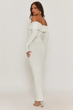 Rebellious Fashion White Ruched Bardot Jersey Maxi Dress - Celestina