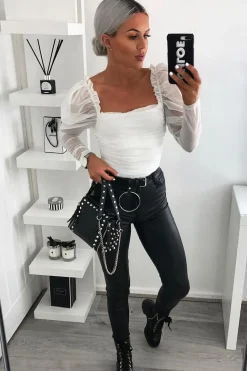 Rebellious Fashion White Ruched Body Mesh Sleeve Bodysuit - Amylee