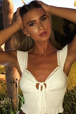 Rebellious Fashion White Ruched Button Tie Up Padded Bra Crop Top - Aden