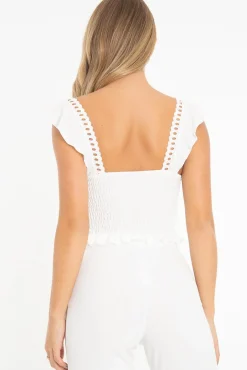 Rebellious Fashion White Ruched Button Tie Up Padded Bra Crop Top - Aden