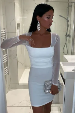 Rebellious Fashion White Ruched Mesh Bodycon Mini Dress - Elysa