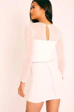 Rebellious Fashion White Ruched Mesh Bodycon Mini Dress - Elysa