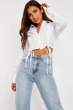 Rebellious Fashion White Ruched Middle Cropped Shirt - Brogann