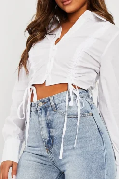 Rebellious Fashion White Ruched Middle Cropped Shirt - Brogann