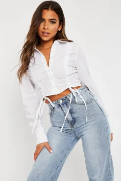 Rebellious Fashion White Ruched Middle Cropped Shirt - Brogann
