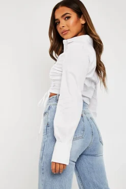 Rebellious Fashion White Ruched Middle Cropped Shirt - Brogann
