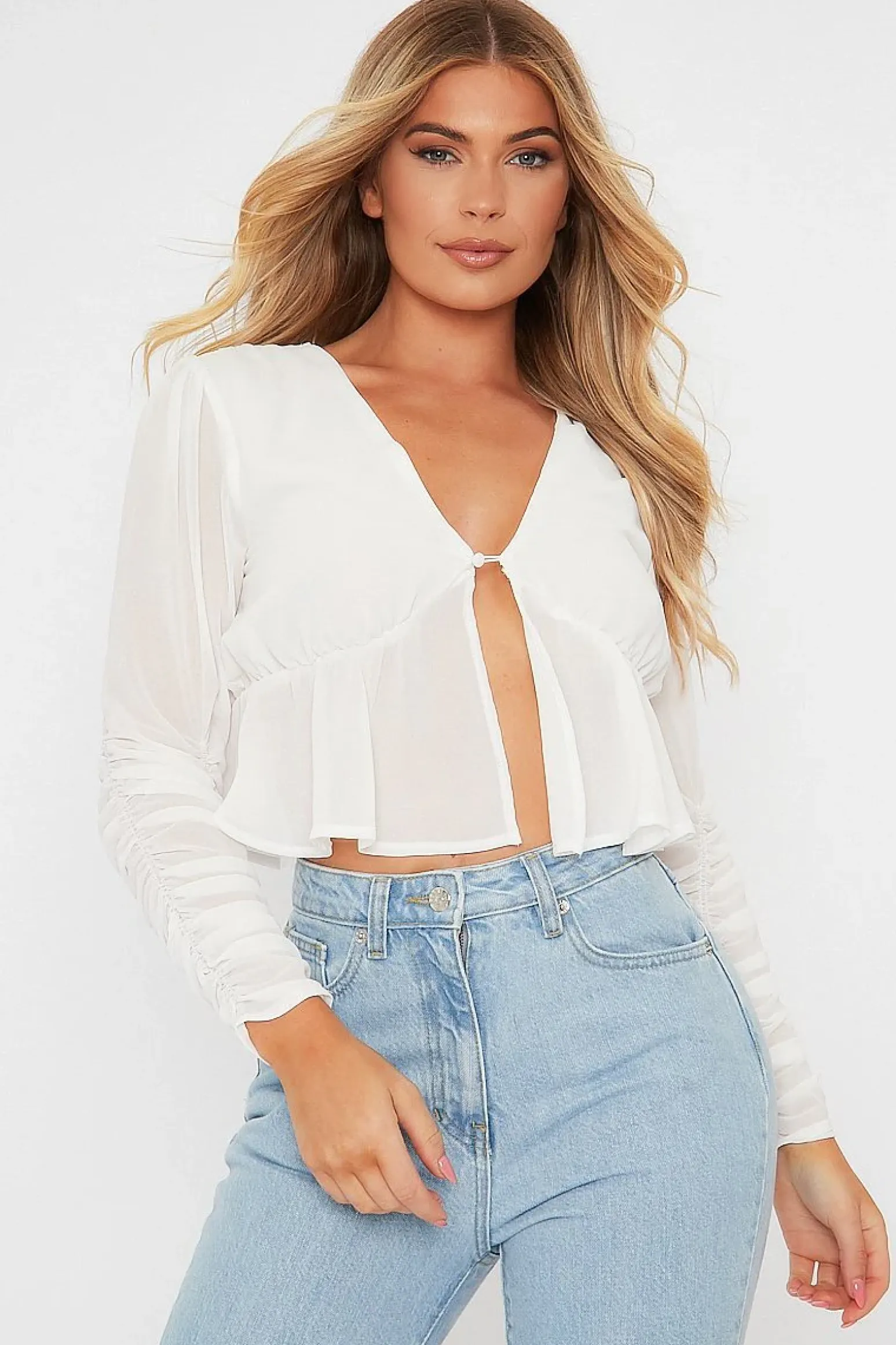 Rebellious Fashion White Ruched Sleeve Peplum Top - Hawi
