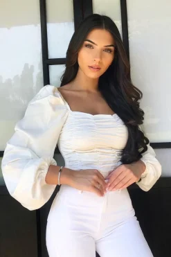 Rebellious Fashion White Ruched Square Neckline Crop Top - Hallie