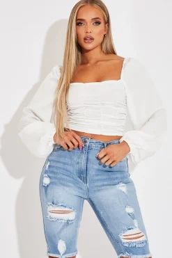 Rebellious Fashion White Ruched Square Neckline Crop Top - Hallie