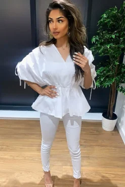Rebellious Fashion White Ruched Waist Plunge Neckline Kimono Sleeve Shirt - Eilene