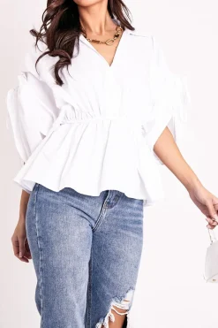 Rebellious Fashion White Ruched Waist Plunge Neckline Kimono Sleeve Shirt - Eilene