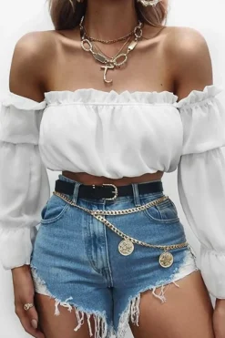 Rebellious Fashion White Ruffle Bardot Crop Top - Aagna