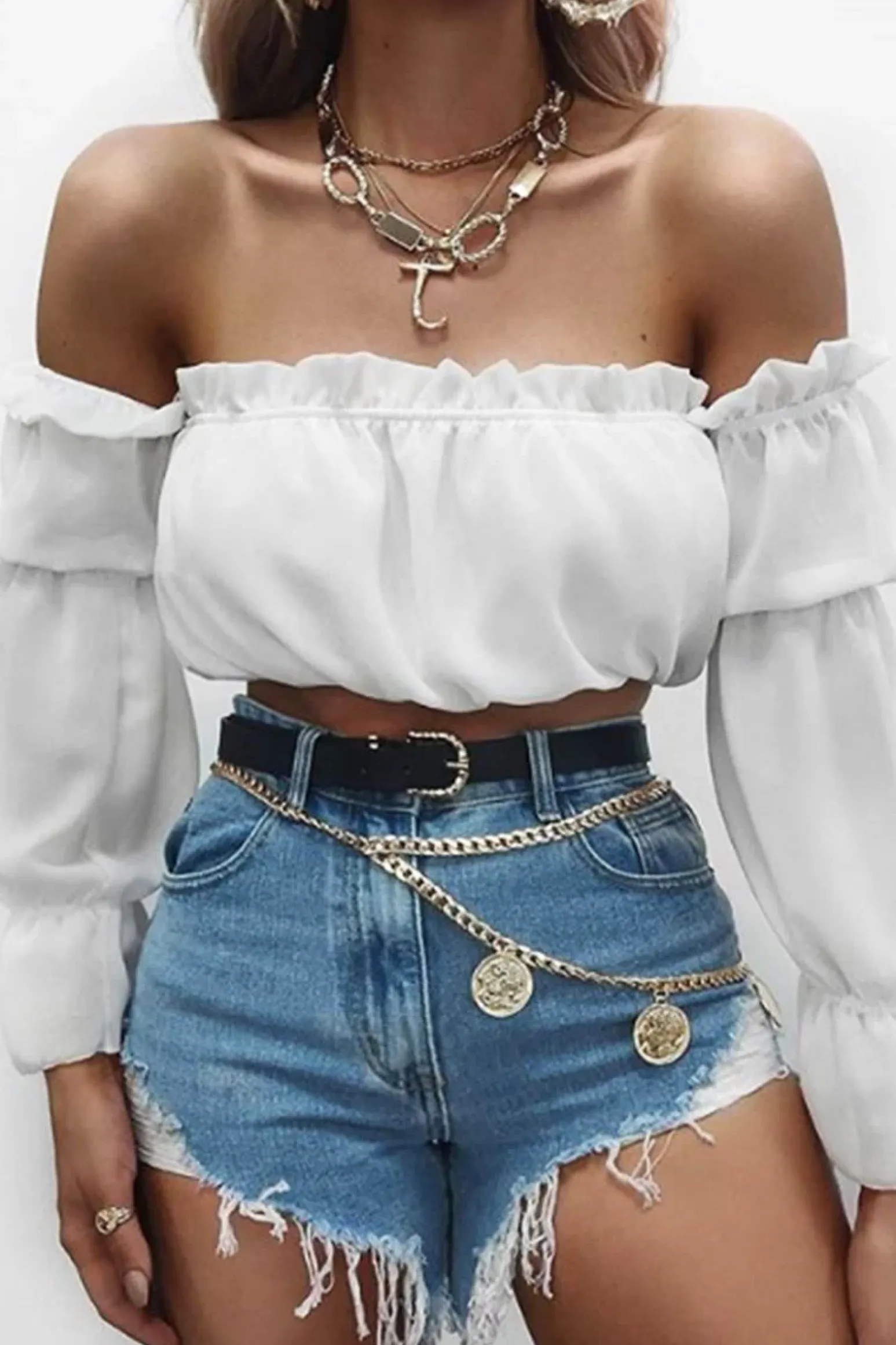 Rebellious Fashion White Ruffle Bardot Crop Top - Aagna