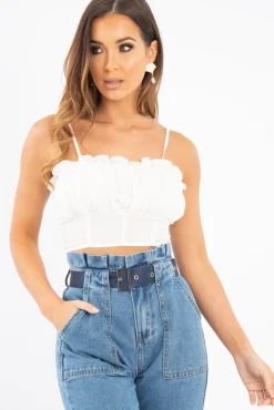 Rebellious Fashion White Ruffle Front Strappy Crop Top - Aaloni