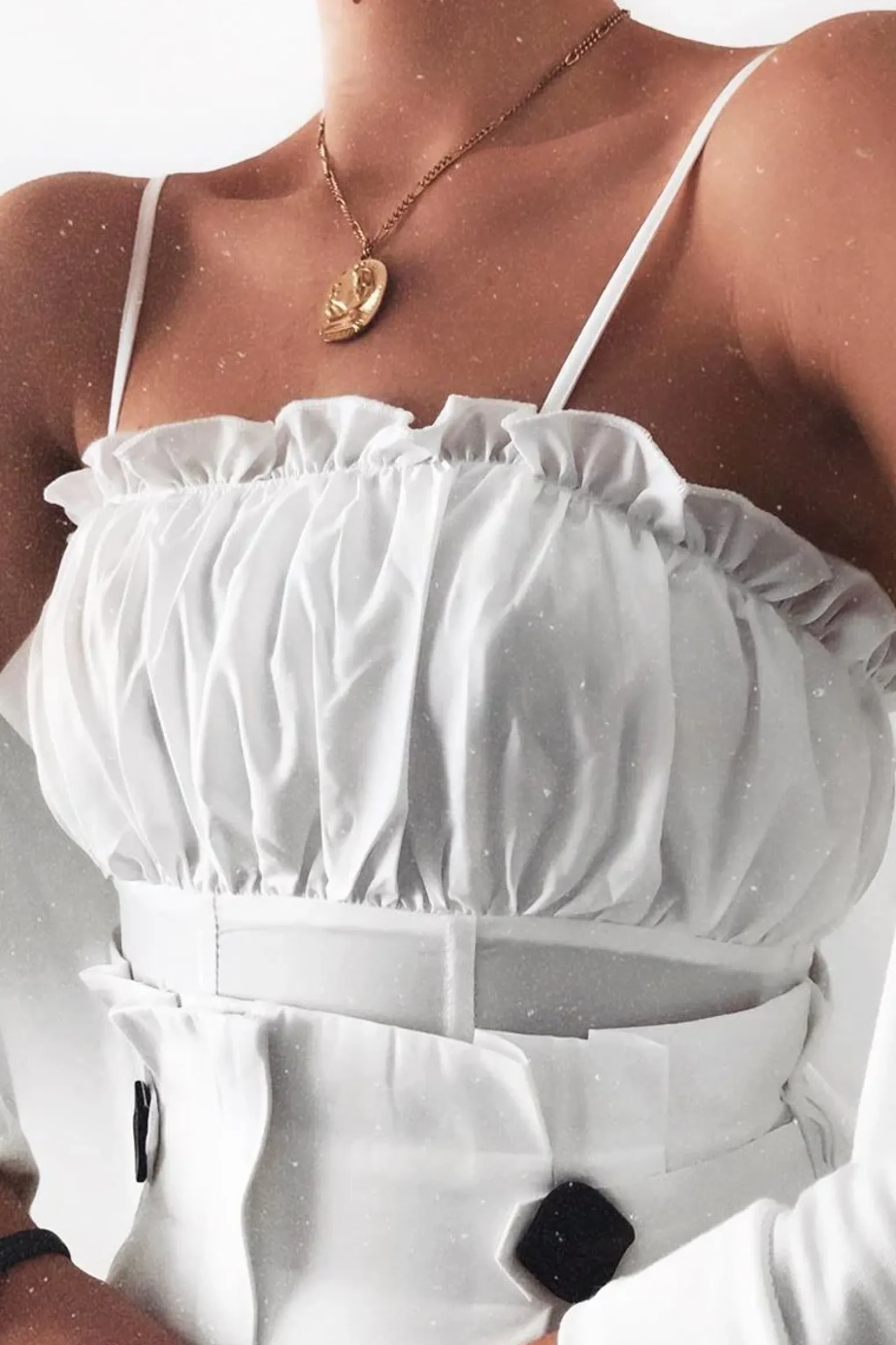 Rebellious Fashion White Ruffle Front Strappy Crop Top - Aaloni