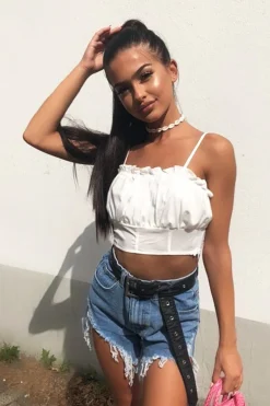 Rebellious Fashion White Ruffle Front Strappy Crop Top - Aaloni