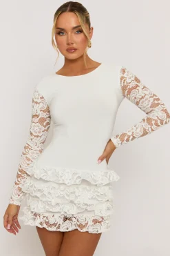 Rebellious Fashion White Ruffle Lace Mini Dress - Brilliana