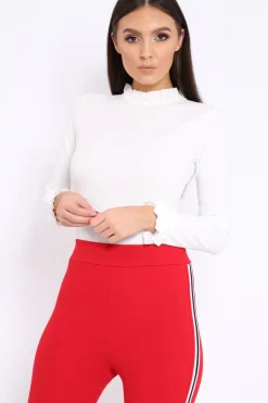 Rebellious Fashion White Ruffle Neck Bodysuit - Trudy