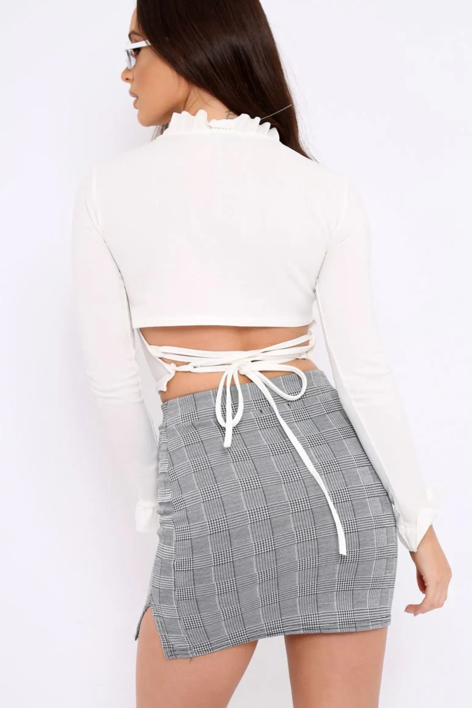 Rebellious Fashion White Ruffle Neck Lace Up Back Crop Top - Lindsey
