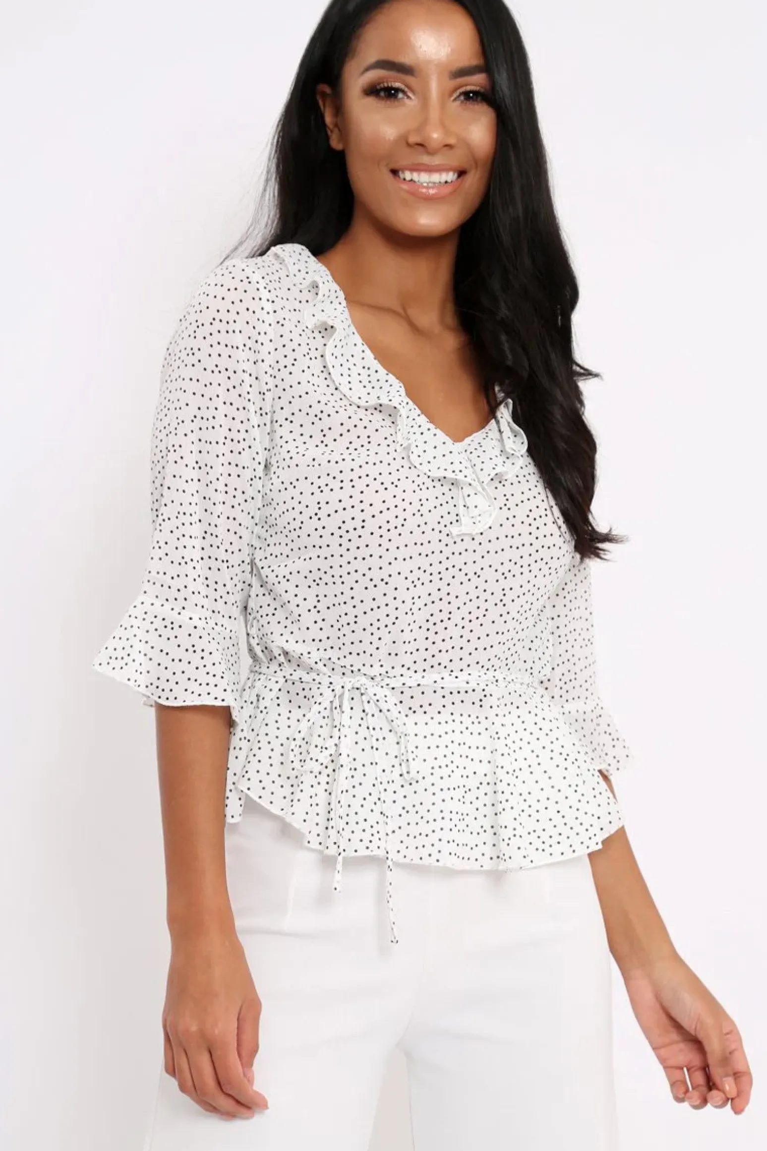 Rebellious Fashion White Ruffle Polka Dot Blouse - Cassie