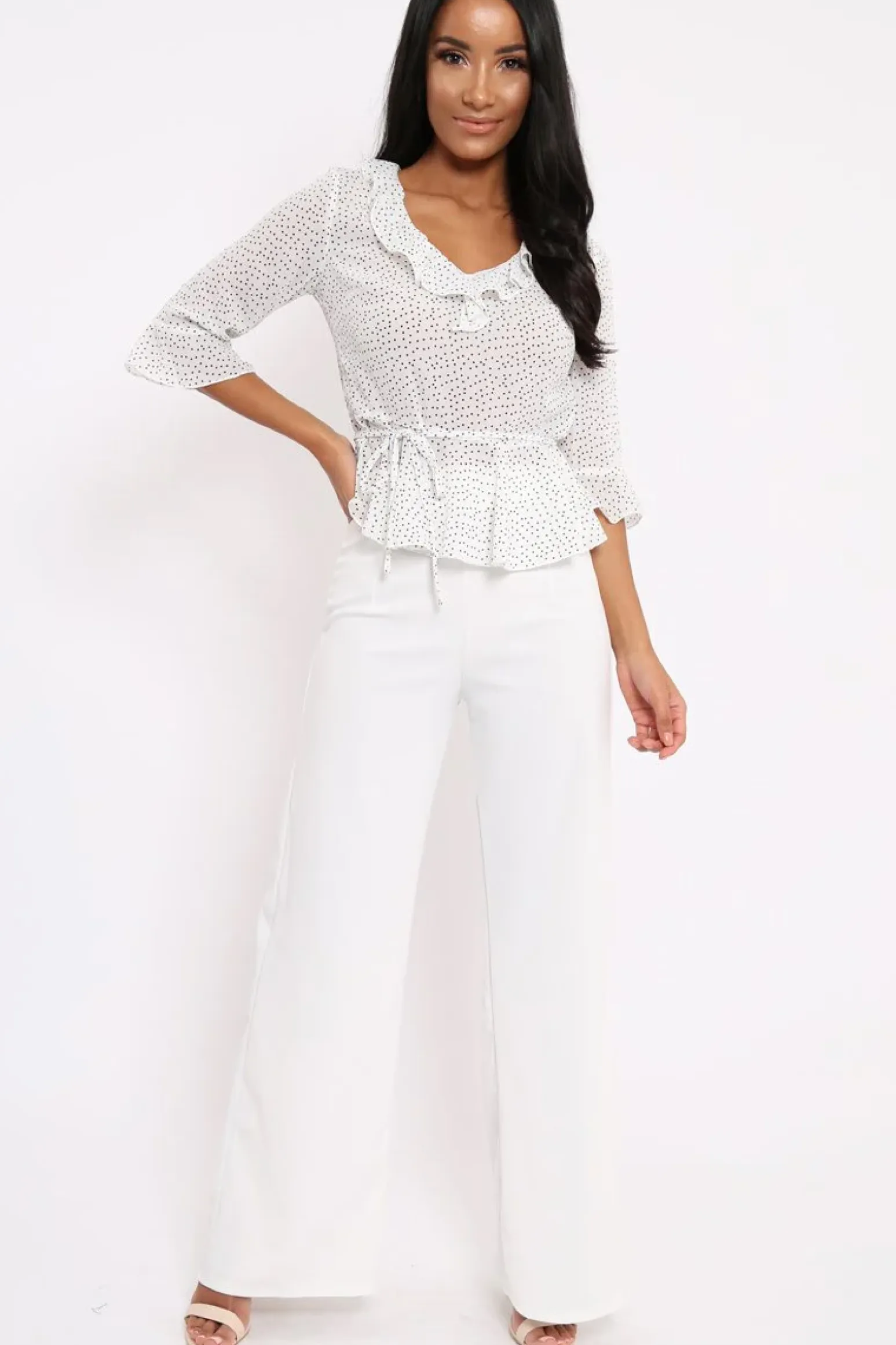 Rebellious Fashion White Ruffle Polka Dot Blouse - Cassie