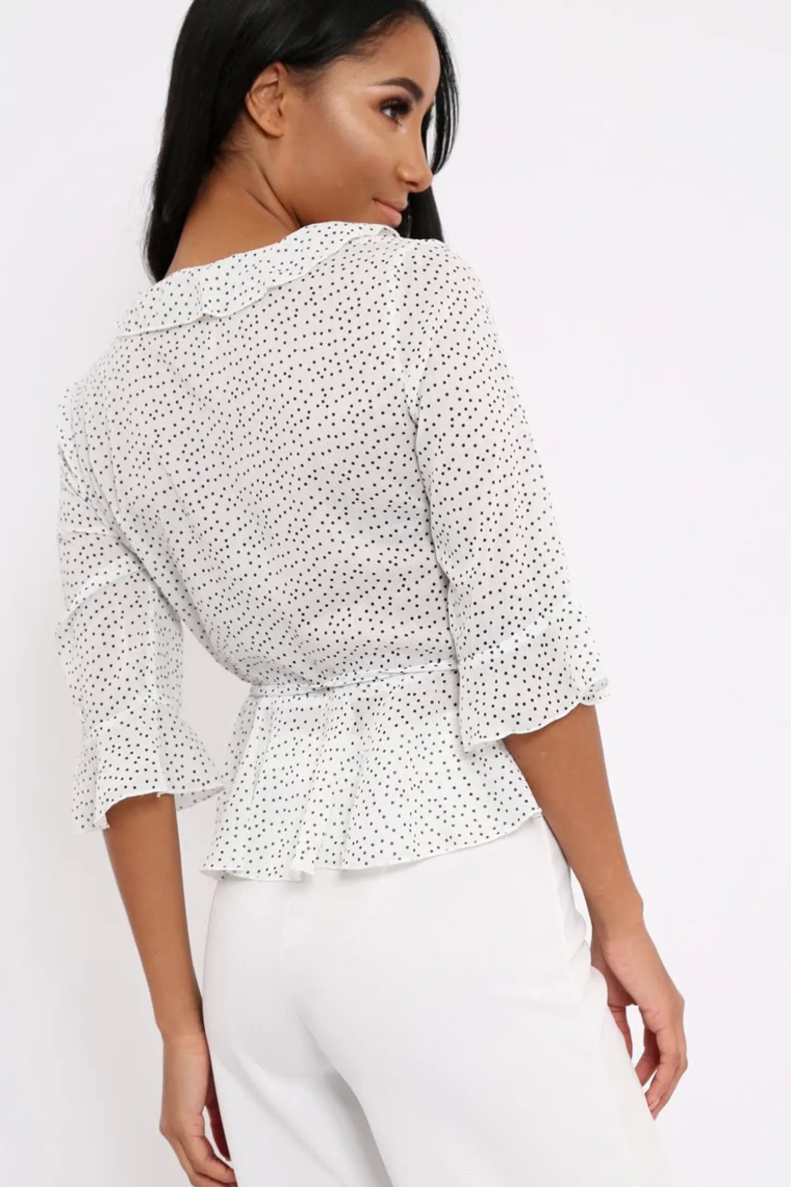 Rebellious Fashion White Ruffle Polka Dot Blouse - Cassie