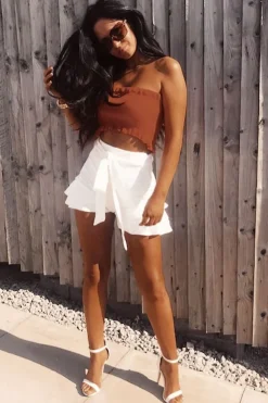 Rebellious Fashion White Ruffle Trim Belted Shorts - Afra