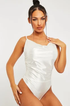 Rebellious Fashion White Satin Cowl Neck Bodysuit - Miley