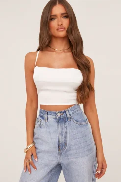 Rebellious Fashion White Satin Cowl Neck Lace Up Back Cropped Top - Tia
