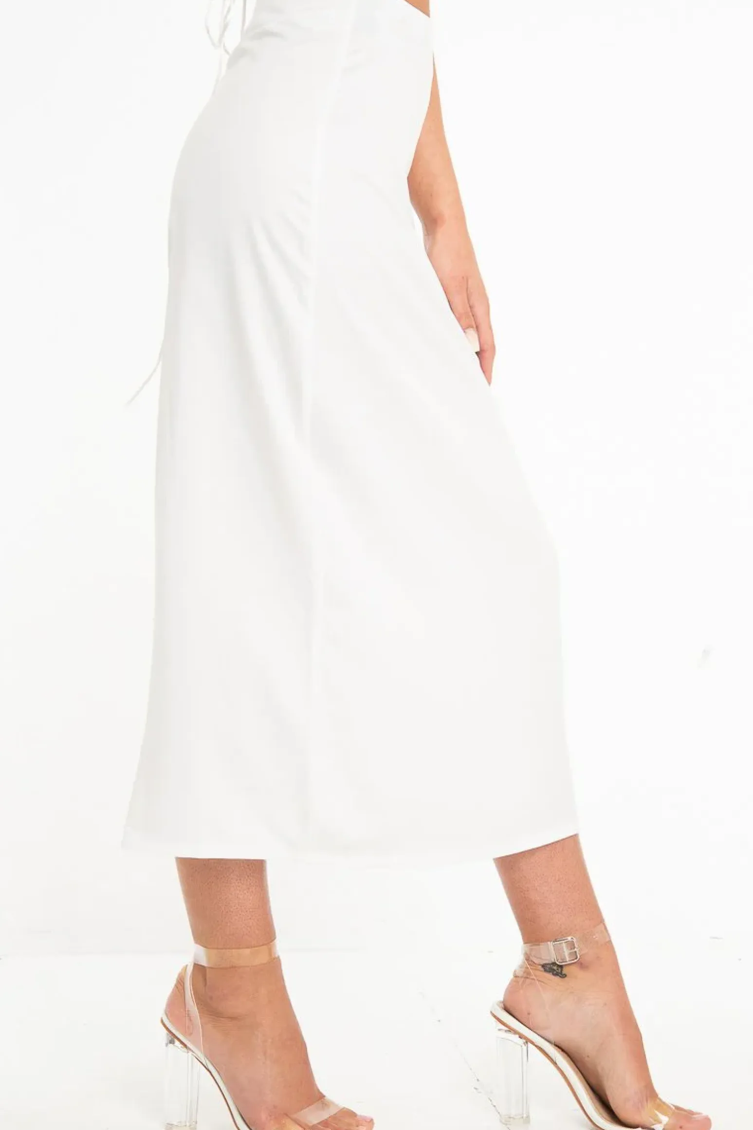 Rebellious Fashion White Satin Floaty Midi Skirt - Serafina