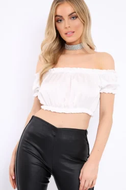Rebellious Fashion White Satin Ruched Bardot Gypsy Crop Top - Becky