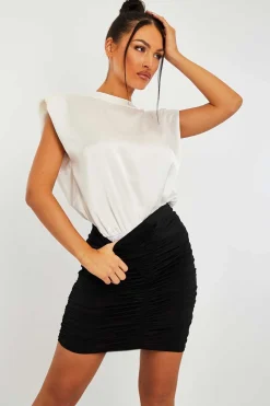 Rebellious Fashion White Satin Shoulder Pad Bodysuit - Saira