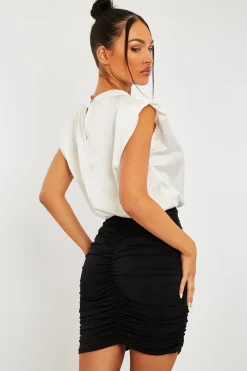 Rebellious Fashion White Satin Shoulder Pad Bodysuit - Saira