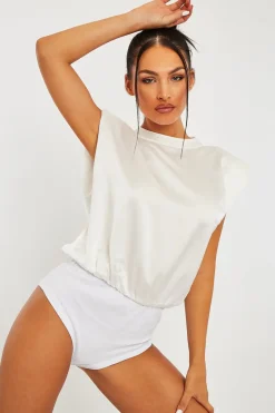 Rebellious Fashion White Satin Shoulder Pad Bodysuit - Saira
